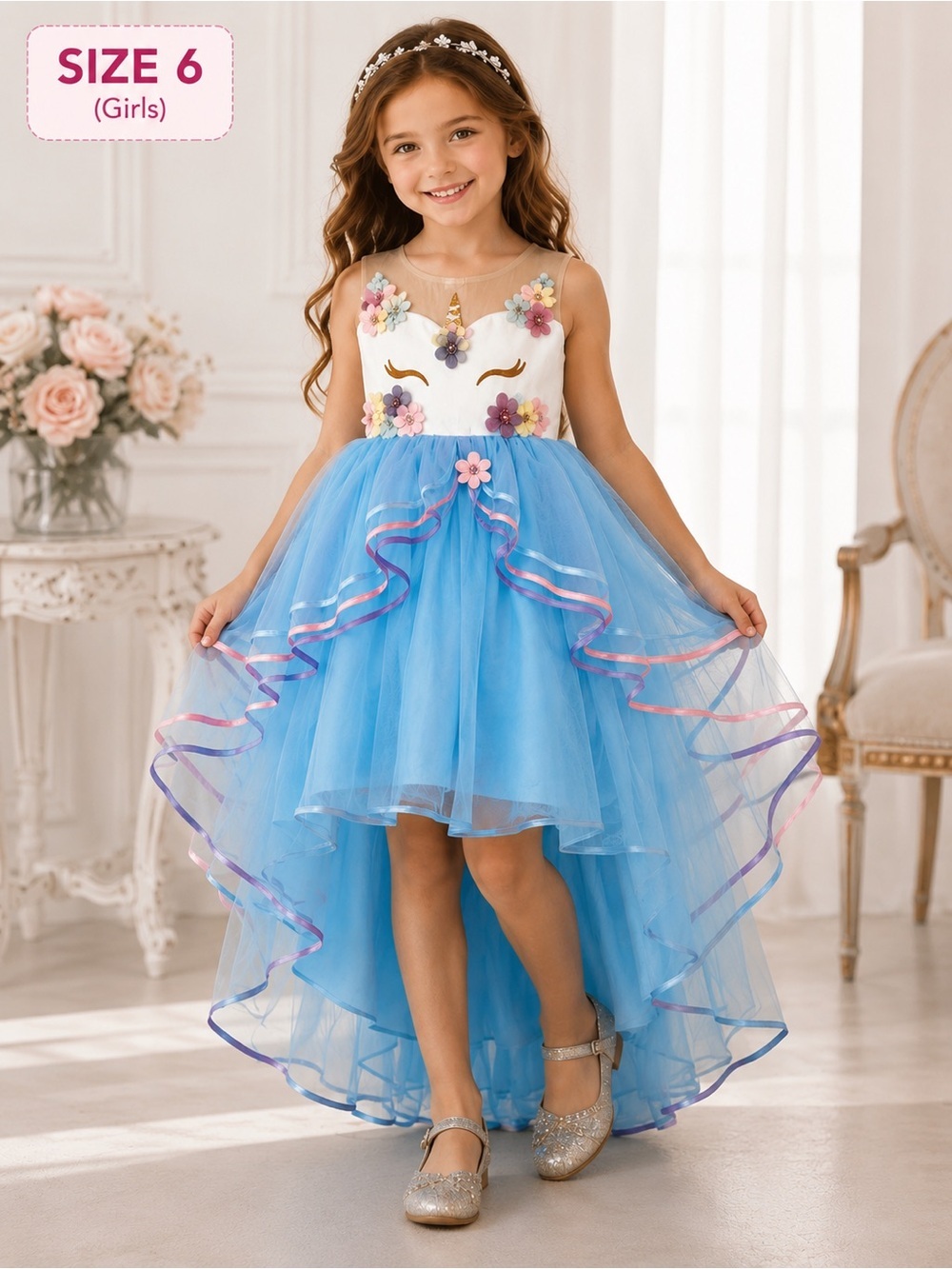 Girls Unicorn High Low Tulle Party Dress Blue Floral Princess Costume No Tag